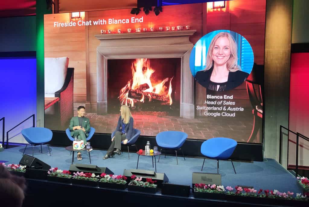 Google Stage at the Founders Story with Hans Tran and Bianca End having a "fireside Chat" about the Story of the Event.