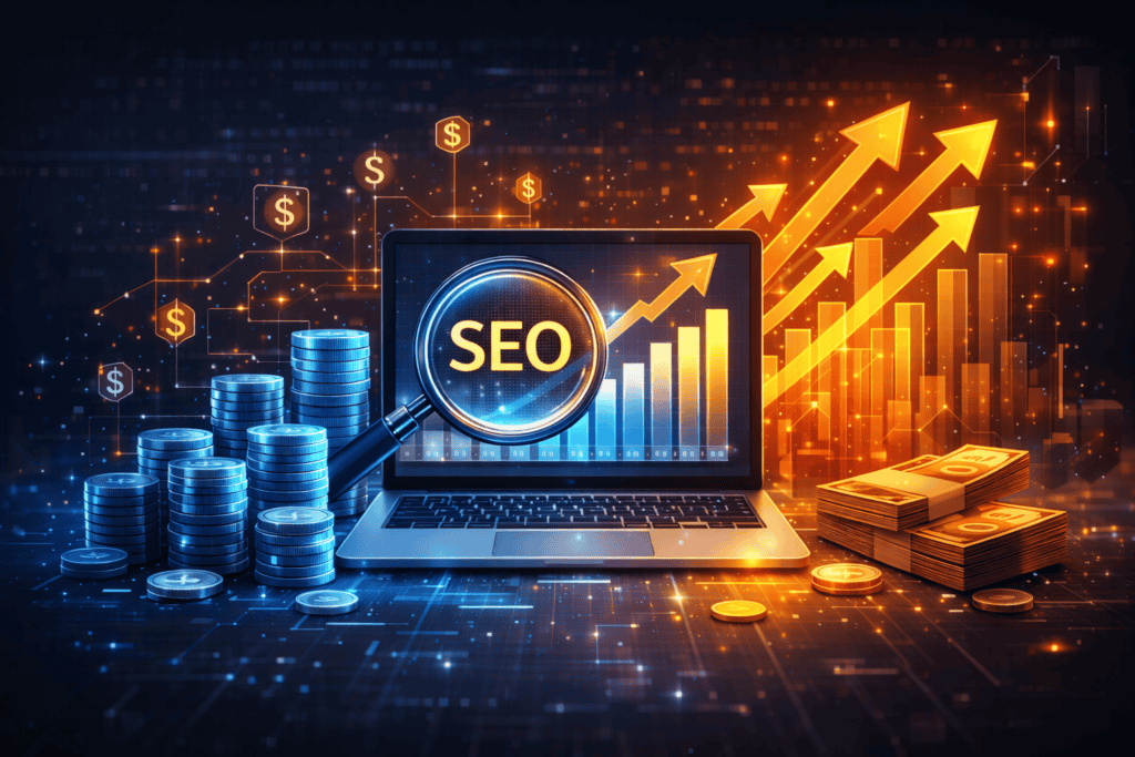 Mit KI generiertes Titelbild, das die Kosten von SEO darstellen sollte. Man sieht einen PC, den Begriff SEO und Münzen und Scheine drum herum.