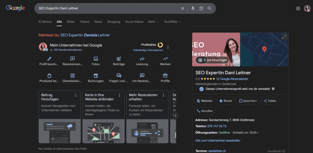 Ansicht des Google Unternehmensprofil als Inhaber oder Administrator
